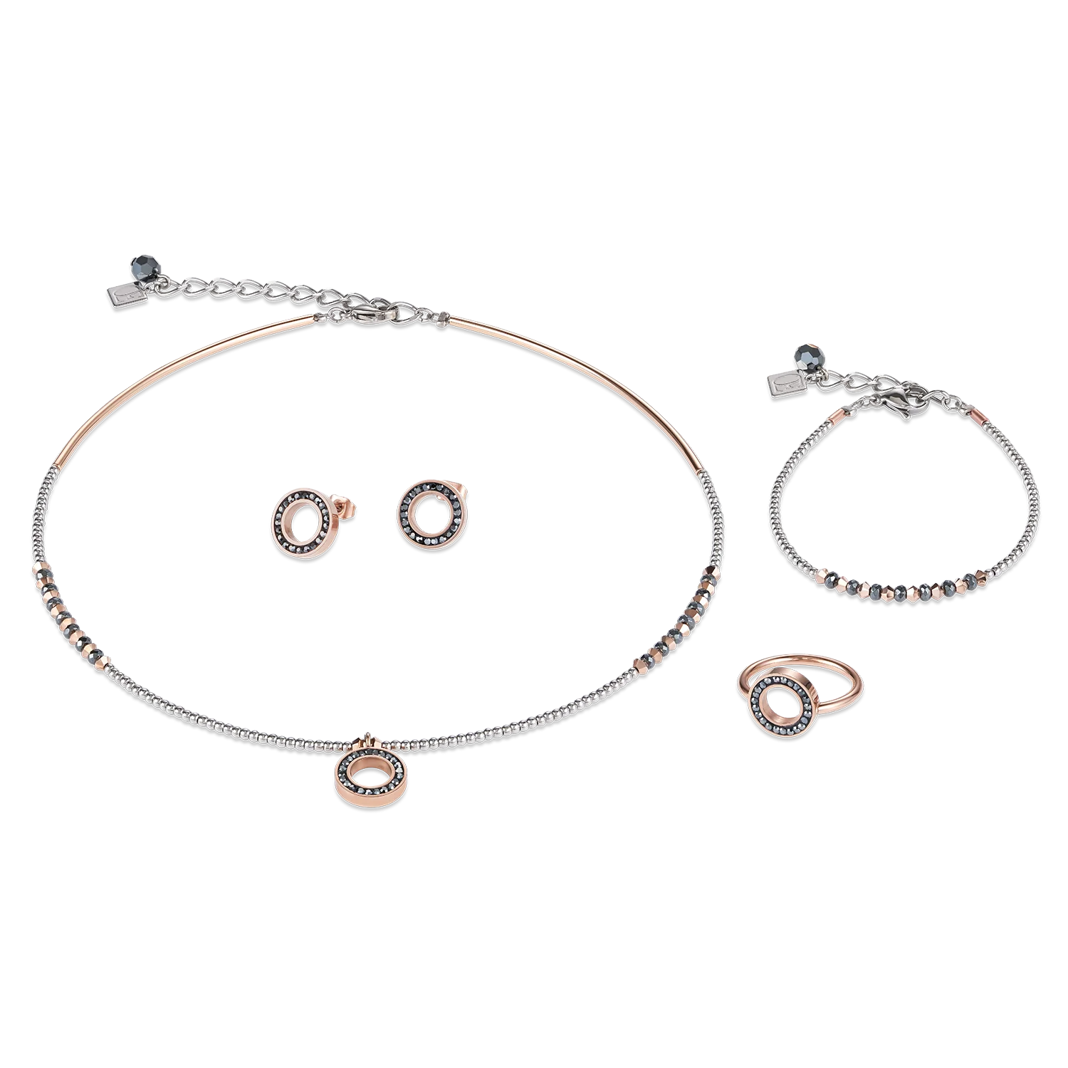 Boucles d'oreille Anneau Cristaux pavé anthracite small & acier inoxydable or rose & argent - Image 3