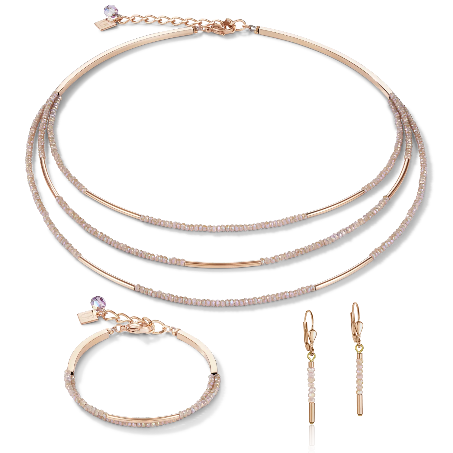 Boucles d'oreille Cascade acier inoxydable or rose & verre nude - Image 3