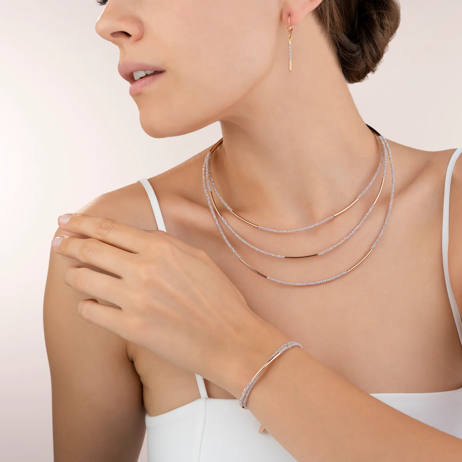 Boucles d'oreille Cascade acier inoxydable or rose & verre nude - Image 4