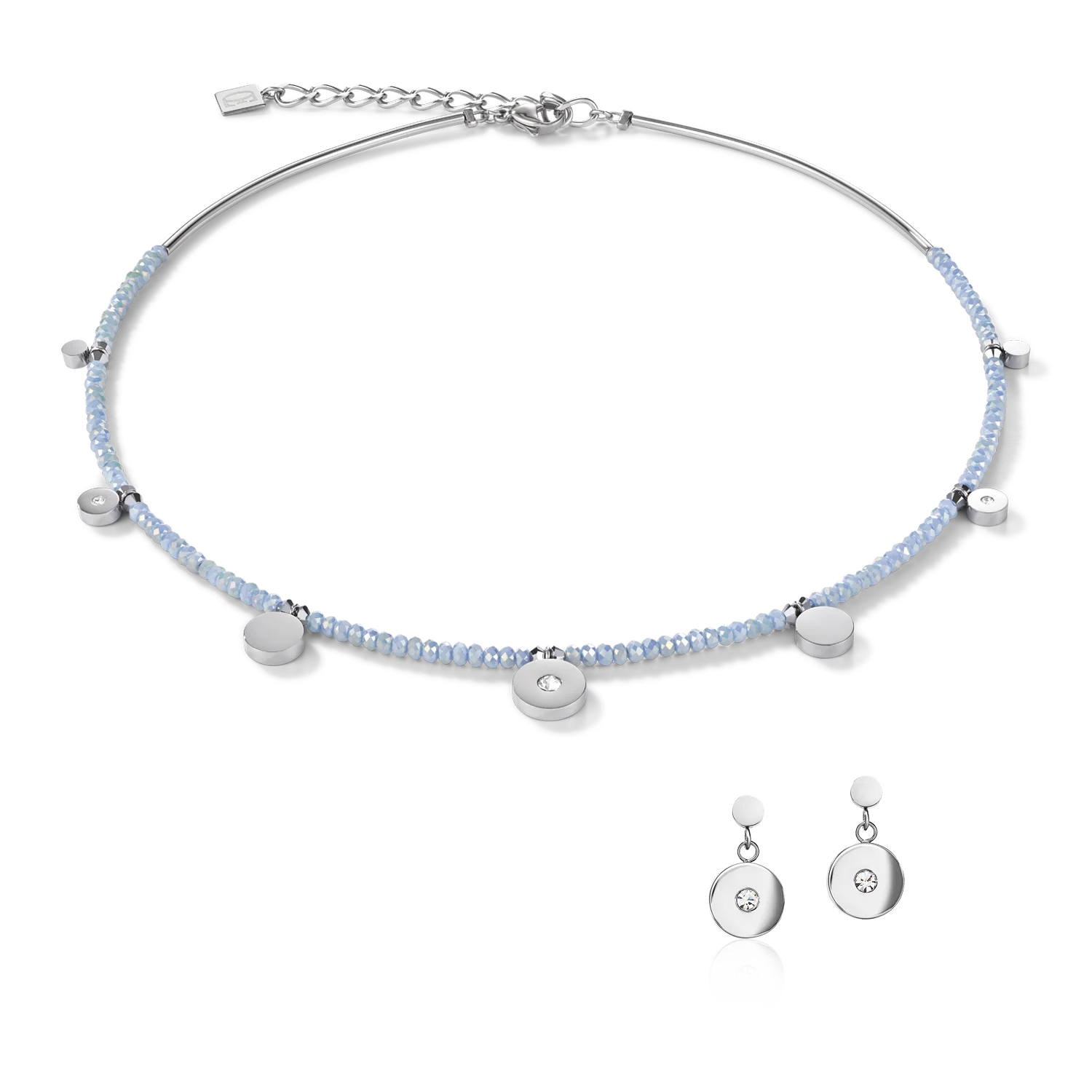 Boucles d'oreille Coins Acier, verre taillé & Cristaux bleu claire - Image 3