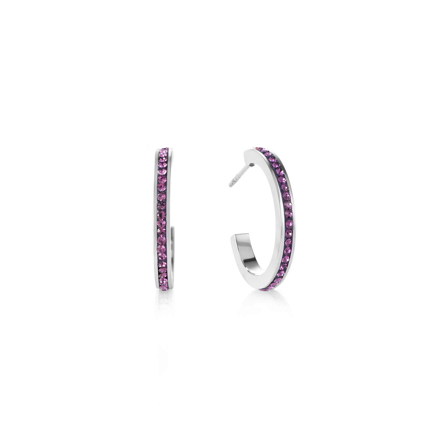 Boucles d'oreille créole 20 acier argent & Pavé de Cristaux améthyste