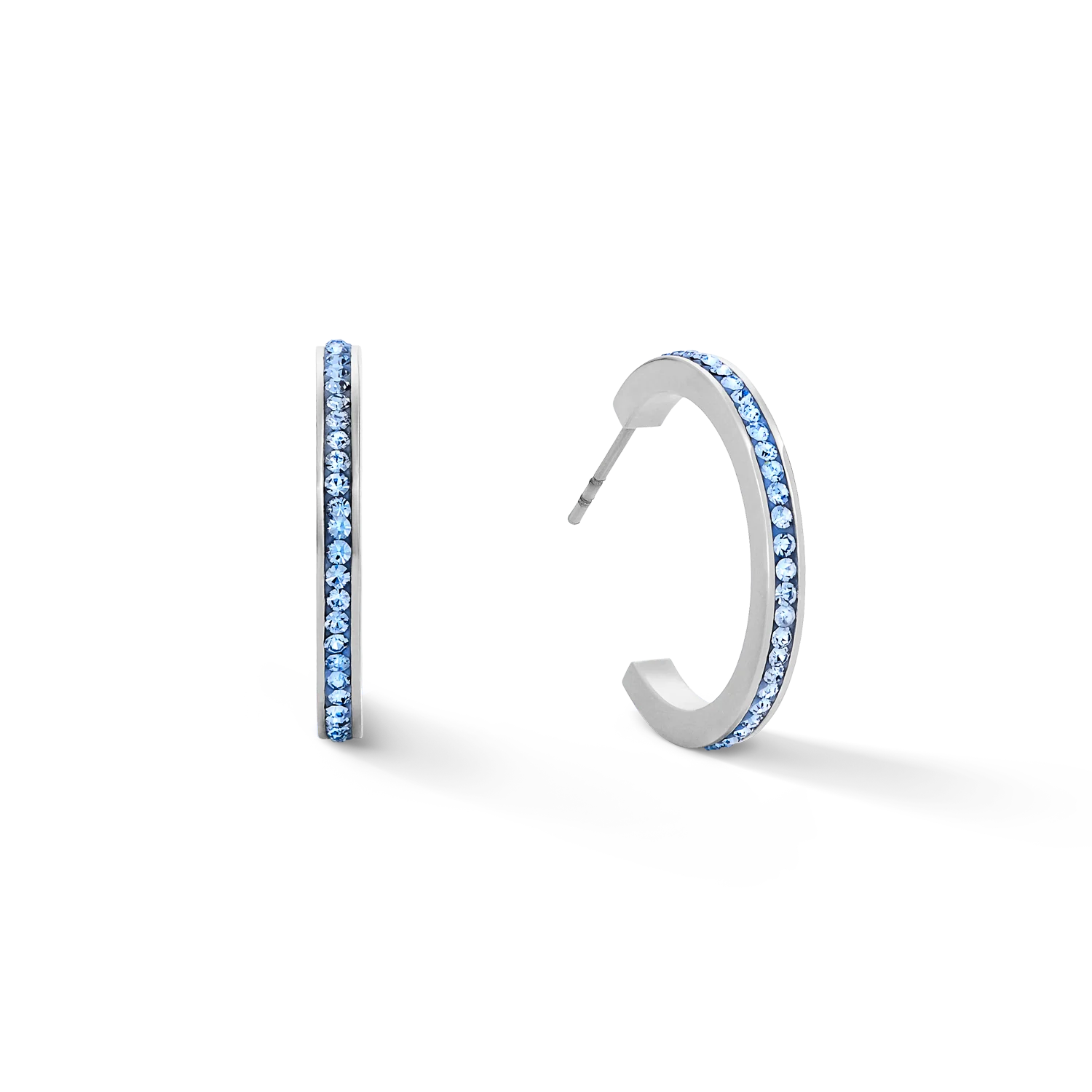 Boucles d'oreille créole 20 acier argent & Pavé de Cristaux bleu clair
