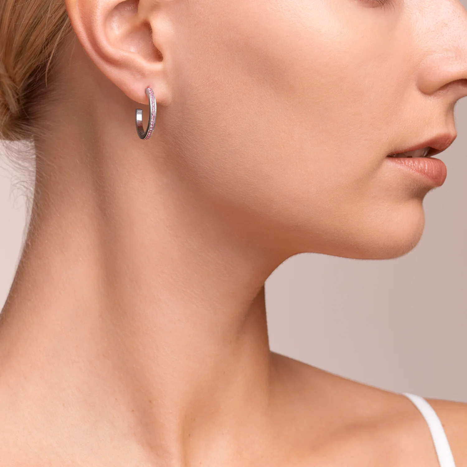 Boucles d'oreille créole 20 acier or rose & Pavé de Cristaux rosé - Image 3