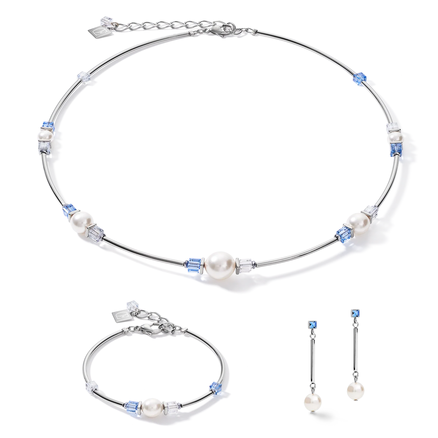 Boucles d'oreille Crystal Pearls, Crystals & acier argent-bleu clair - Image 3