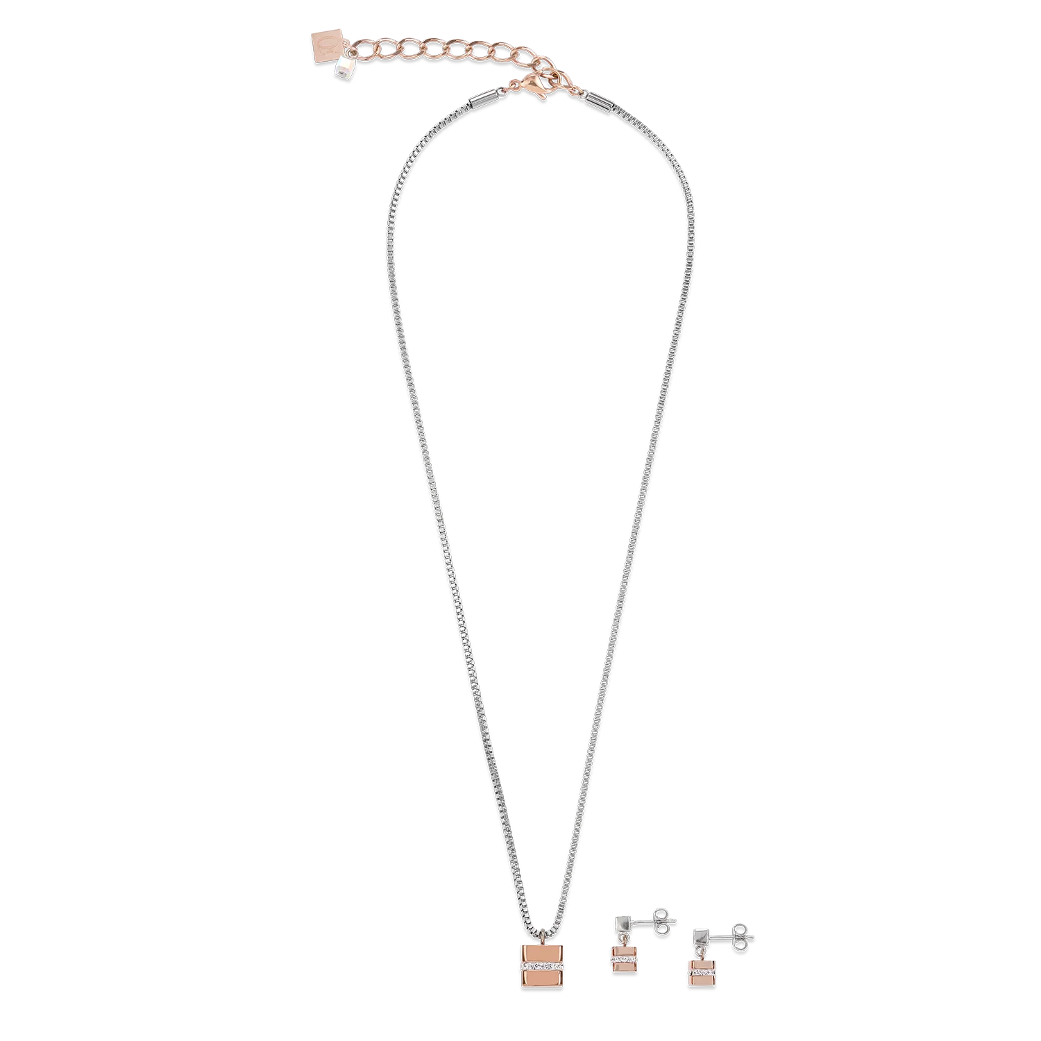 Boucles d'oreille Cube acier inoxydable or rose & cristaux pavé cristal - Image 3