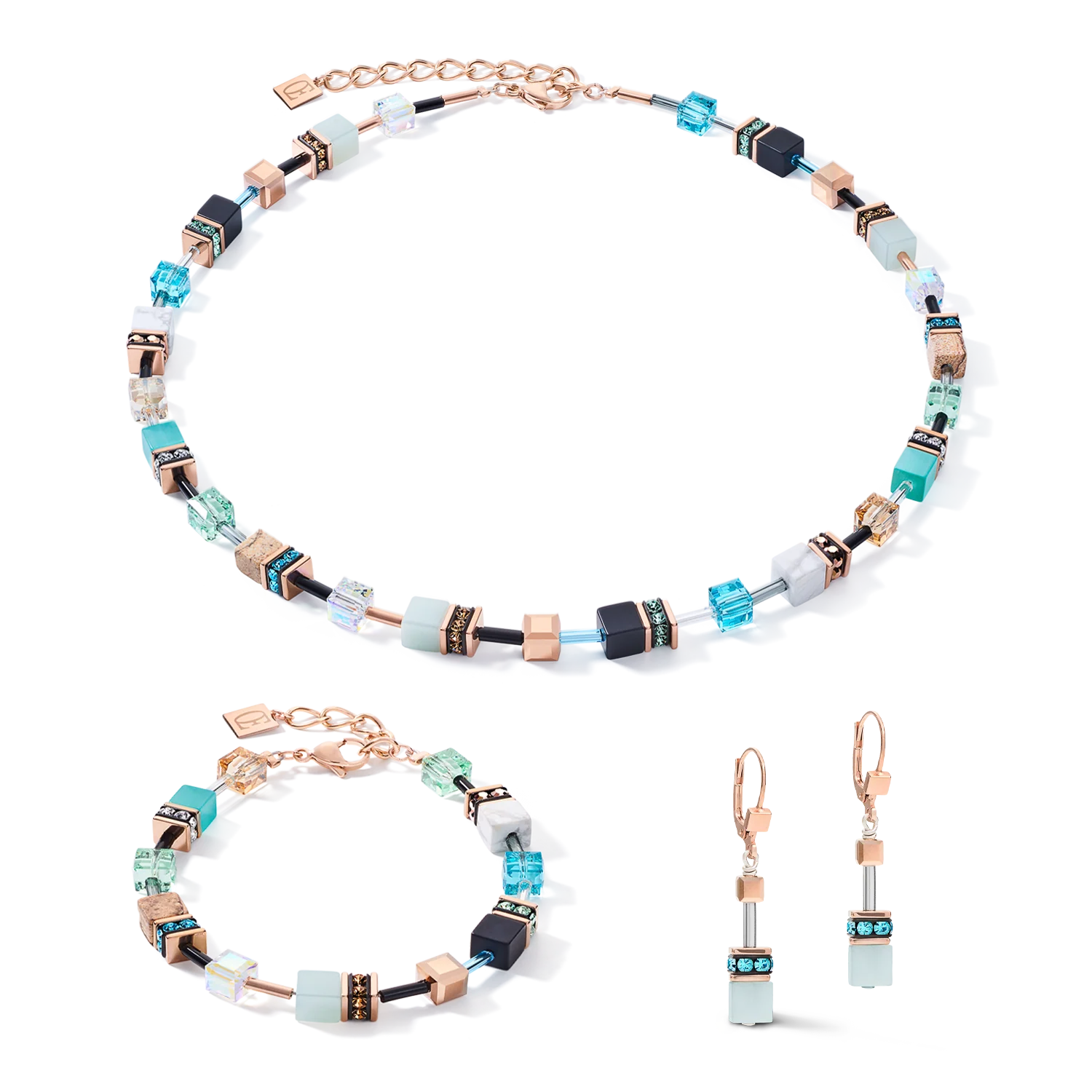 Boucles d'oreille GeoCUBE® Cristaux  & pierres précieuses aqua-beige - Image 3