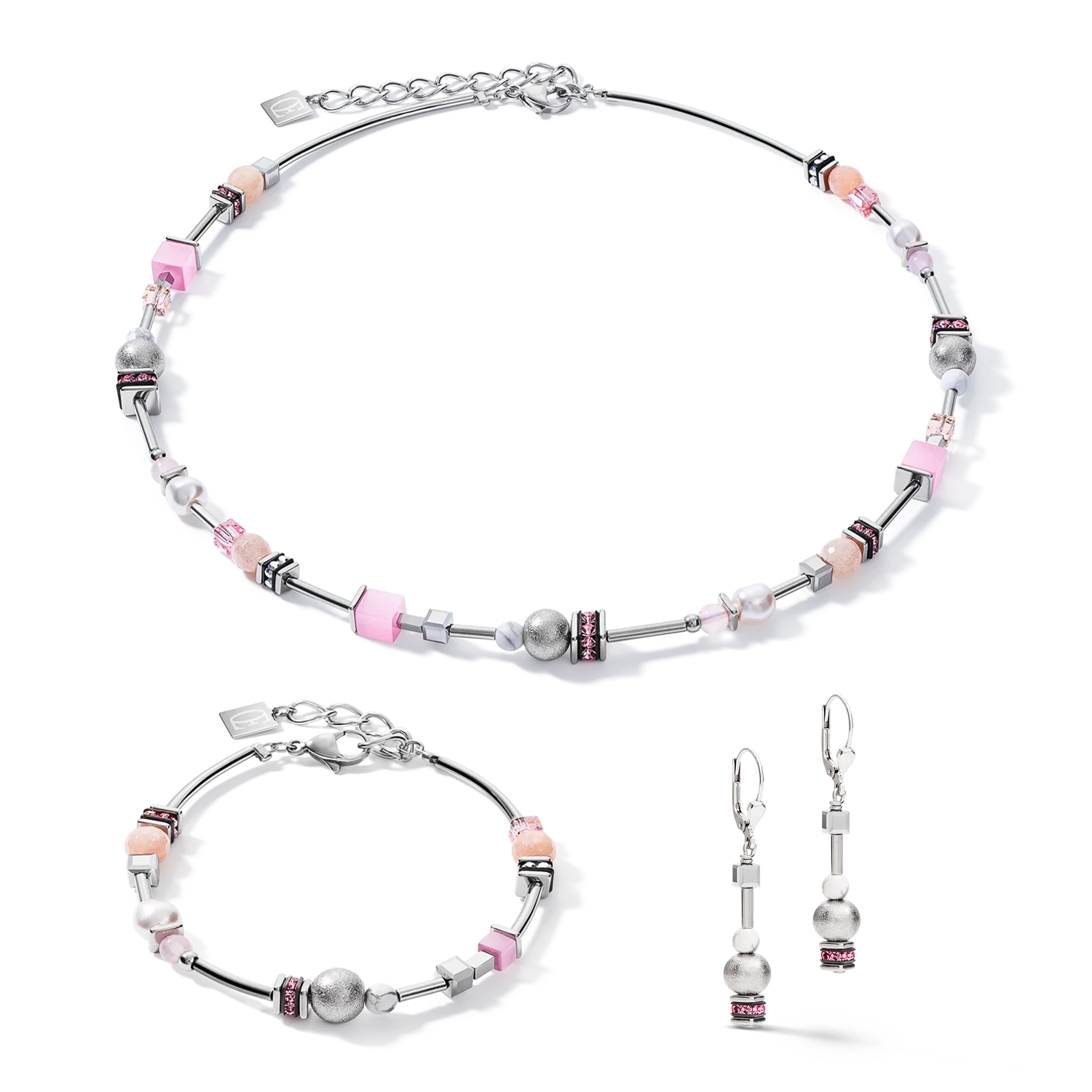 Boucles d'oreille Pearls & Cubes pierres précieuses argent-rose - Image 3