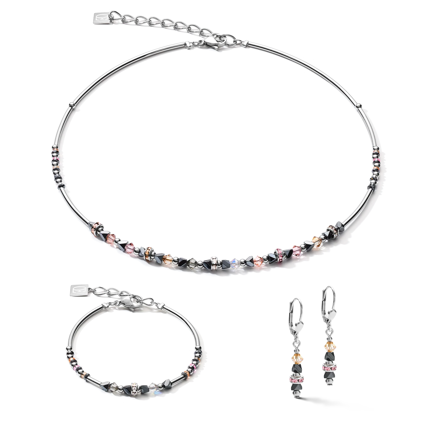 Boucles d'oreilles Fine & Edgy Hématite & cristaux & acier inoxydable rose pêche - Image 3