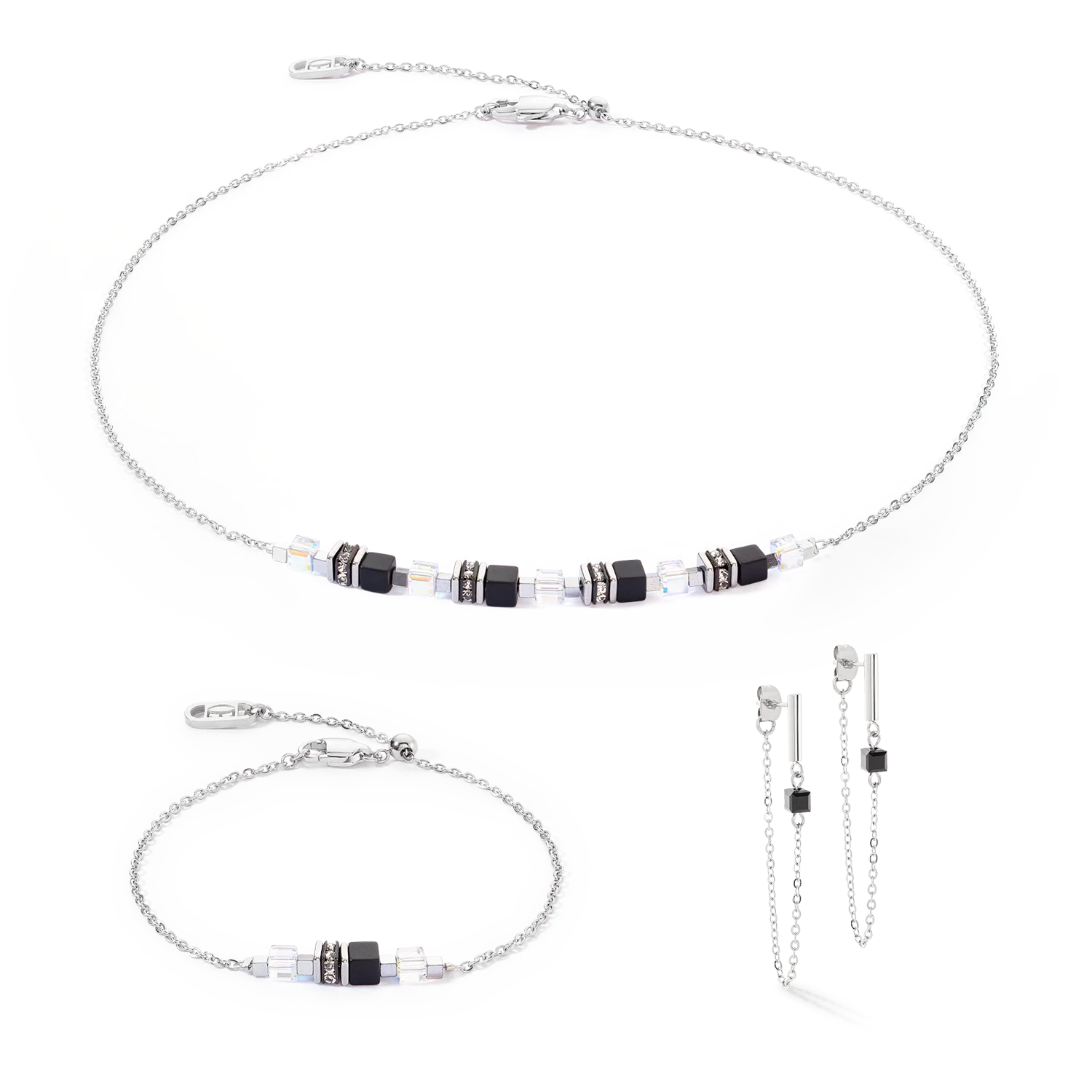 Boucles d'oreilles Mini Cubes & Chain argent-noir - Image 3