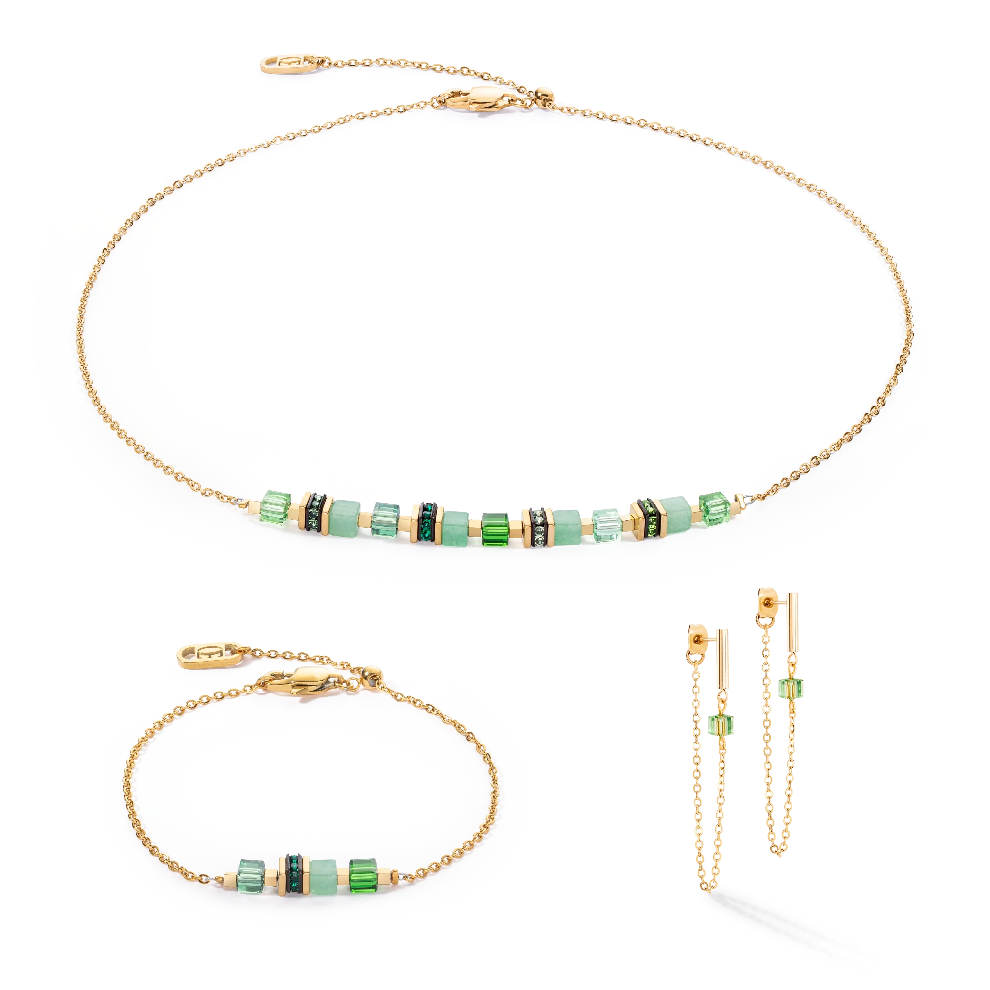Boucles d'oreilles Mini Cubes & Chain or-vert - Image 3