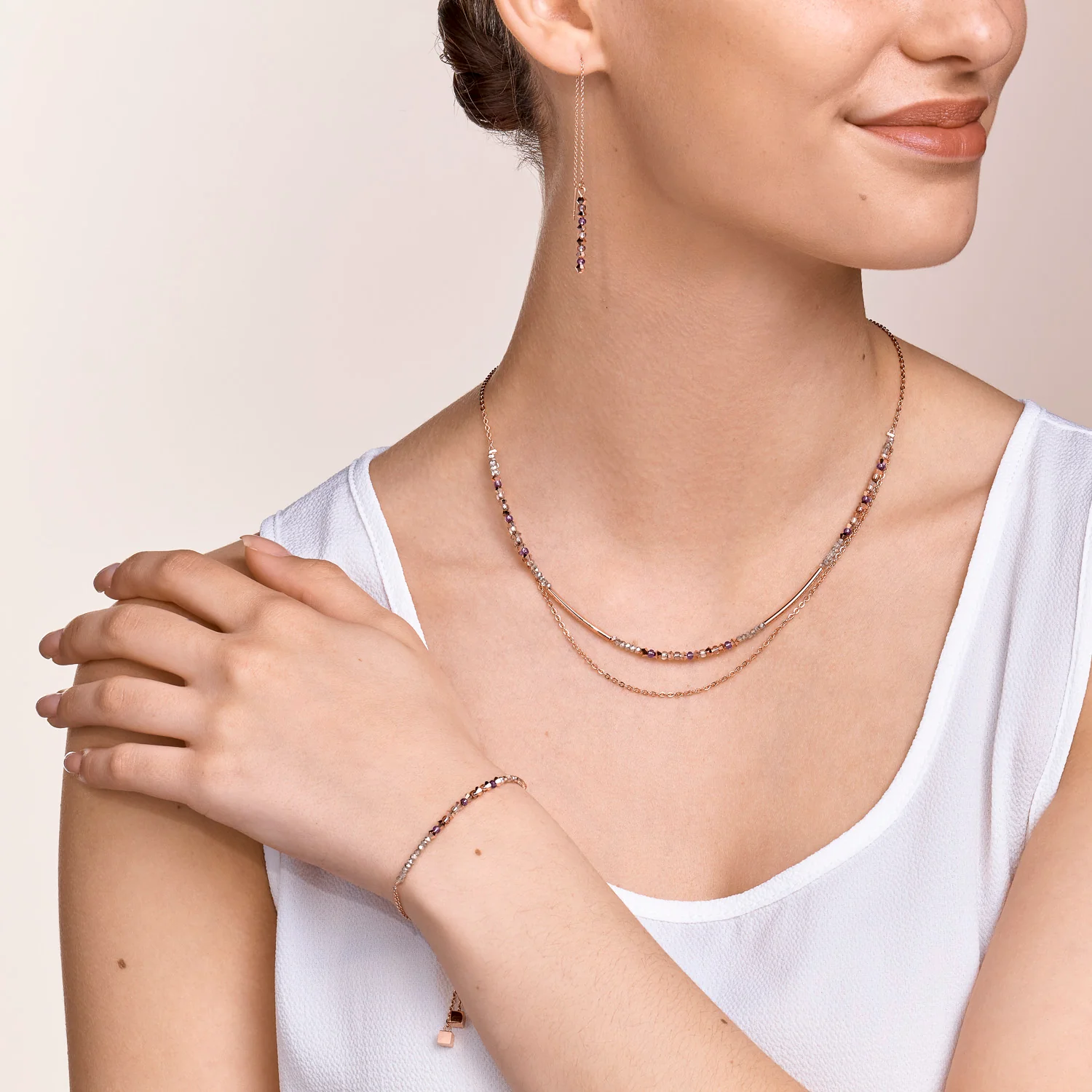 Bracelet 2-layers de cristaux fins et d'acier inoxydable or rose lilas - Image 4