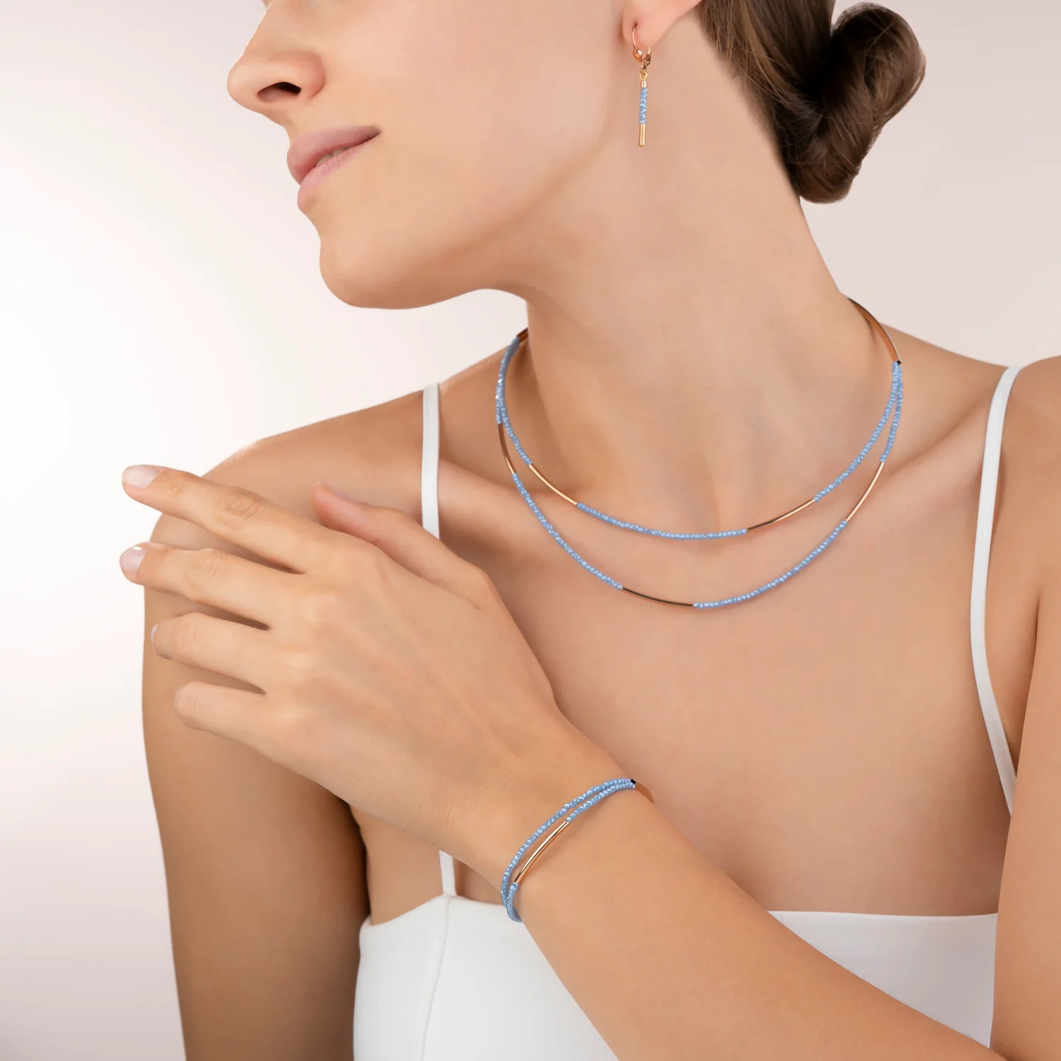 Bracelet Cascade small acier inoxydable or rose & verre bleu clair - Image 4