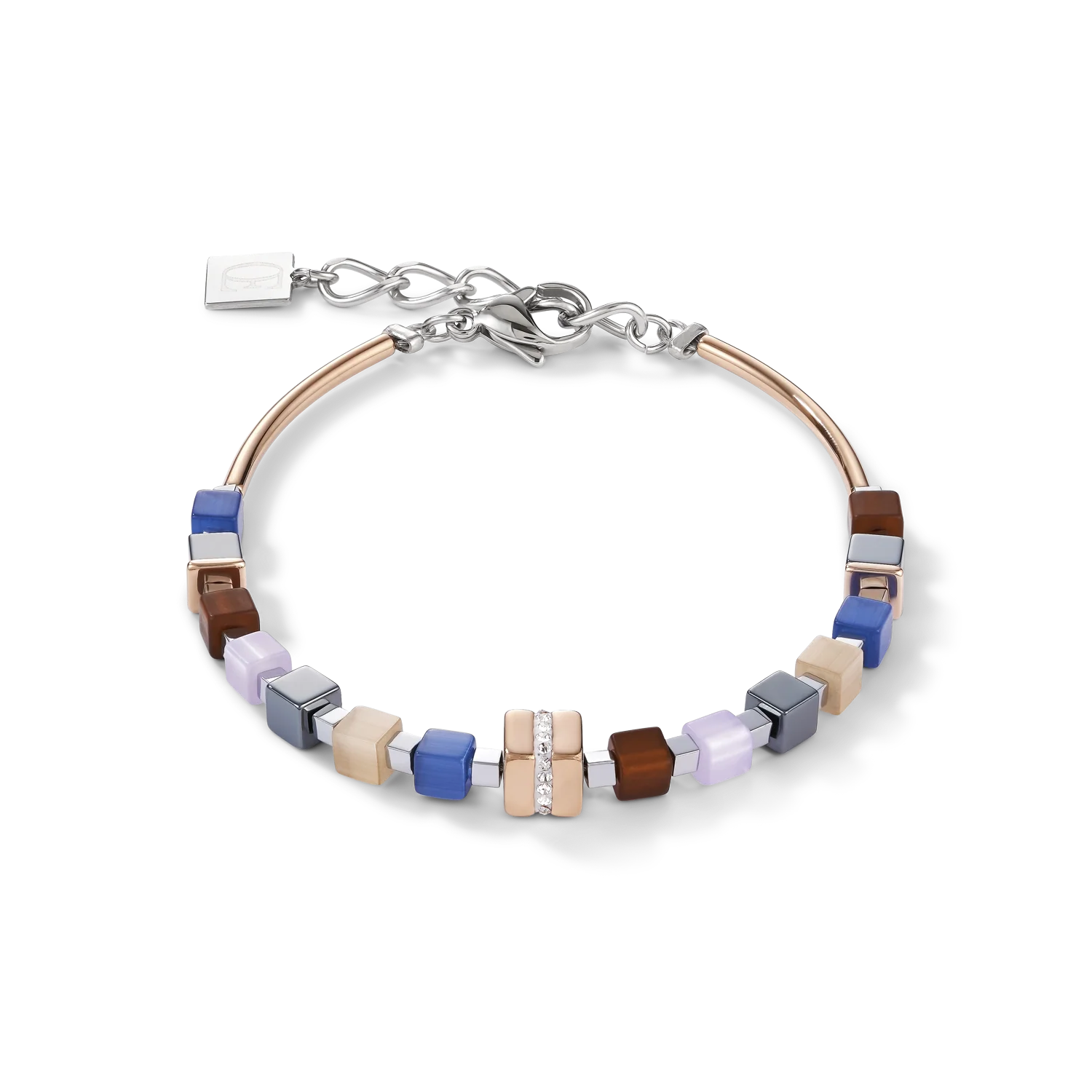 Bracelet GeoCUBE® Acier inoxydable or rose & cristaux pavé bleu-marron