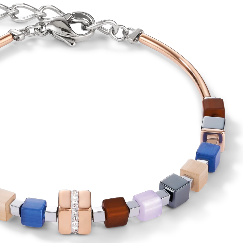 Bracelet GeoCUBE® Acier inoxydable or rose & cristaux pavé bleu-marron - Image 2