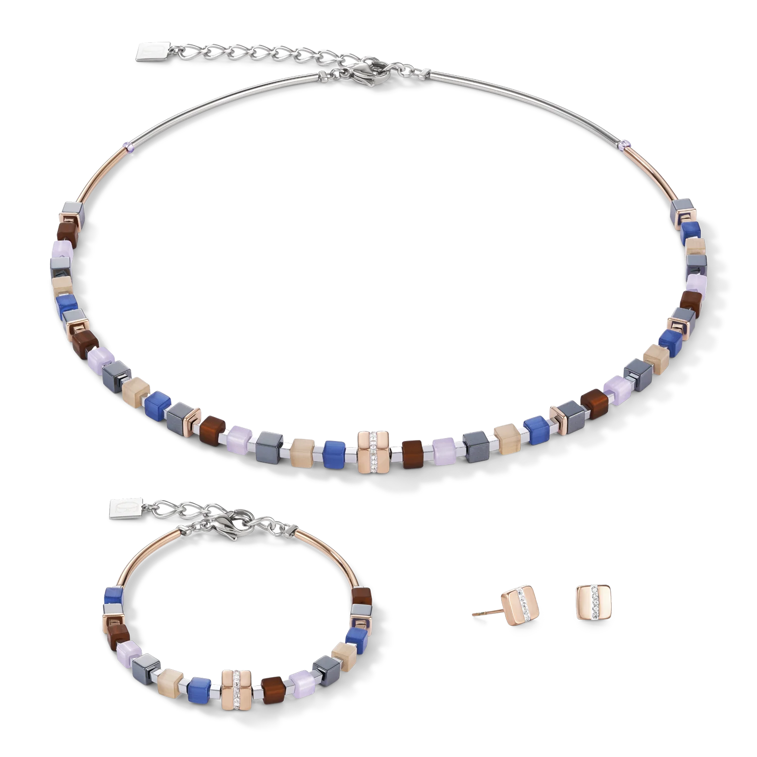 Bracelet GeoCUBE® Acier inoxydable or rose & cristaux pavé bleu-marron - Image 3