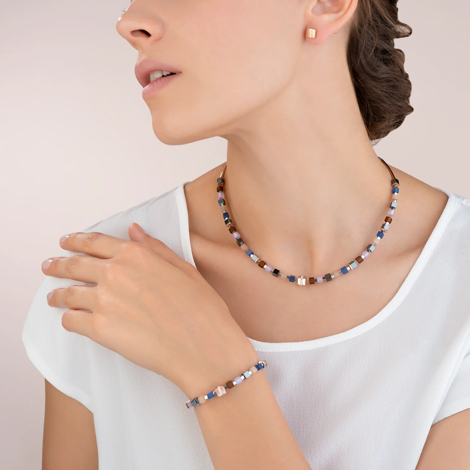 Bracelet GeoCUBE® Acier inoxydable or rose & cristaux pavé bleu-marron - Image 4