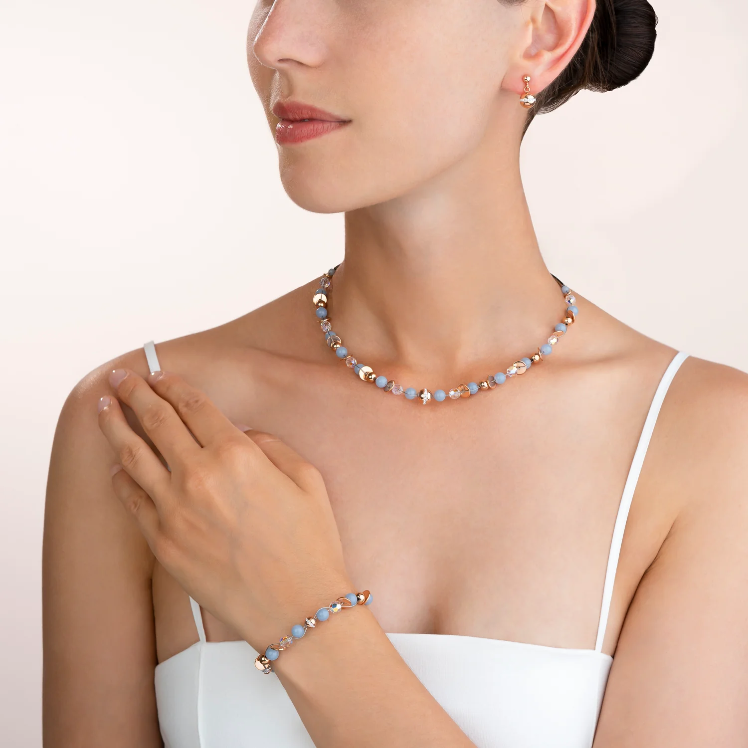 Bracelet TwistedPEARLS Angélite & acier inoxydable or rose bleu clair - Image 4
