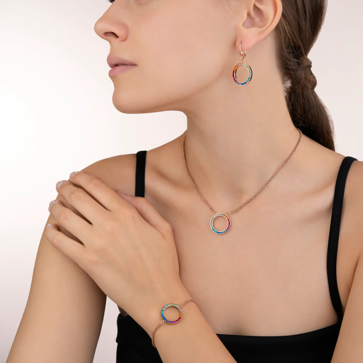 Collier Anneau Cristaux pavé & acier inoxydable or rose & multicolore - Image 5