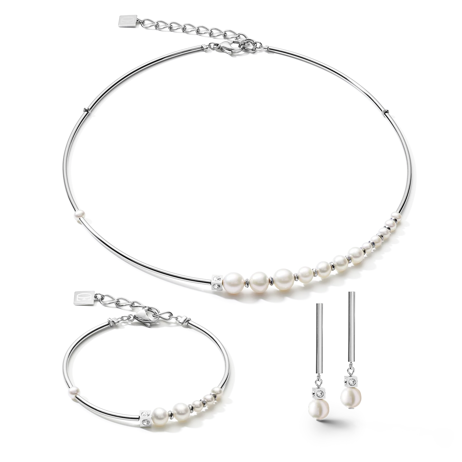 Collier Asymétrie perles d'eau douce & acier inoxydable blanc-argenté - Image 3