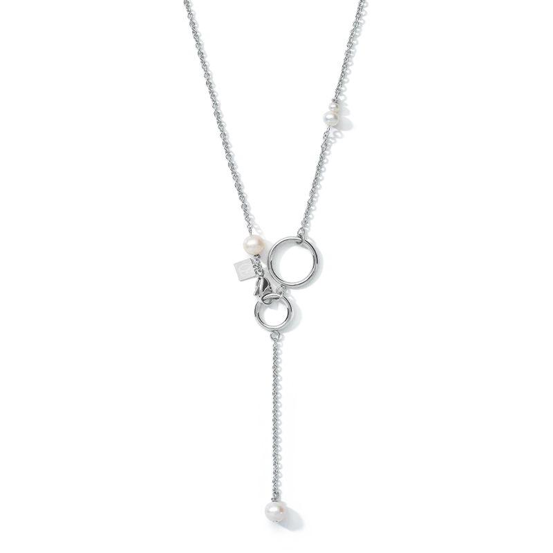 Collier chaîne en Y & anneau perles d'eau douce & acier inoxydable blanc-argenté