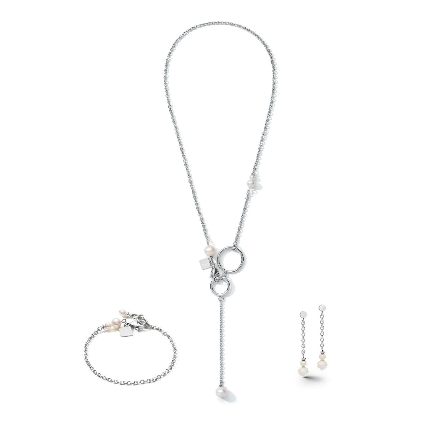 Collier chaîne en Y & anneau perles d'eau douce & acier inoxydable blanc-argenté - Image 2