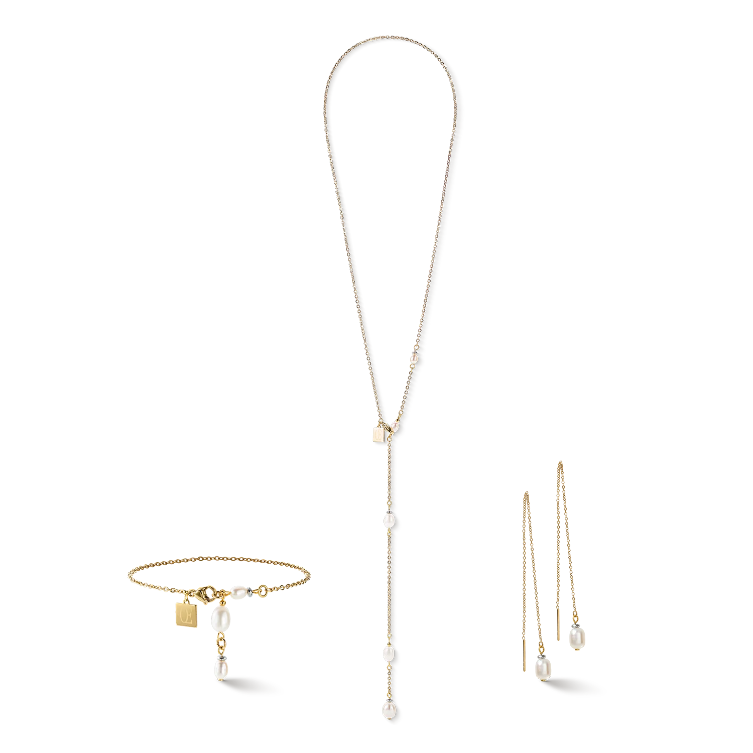 Collier chaîne en Y & Perles d'eau Douce ovales or blanc - Image 3