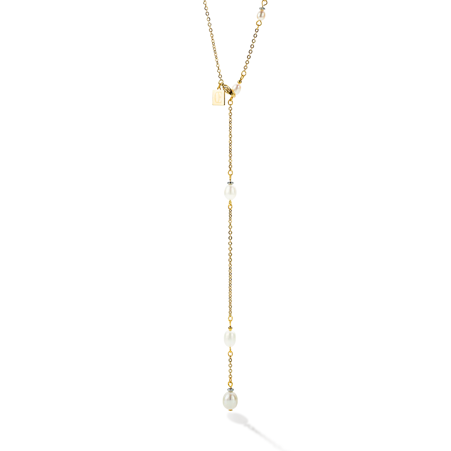 Collier chaîne en Y & Perles d'eau Douce ovales or blanc - Image 4