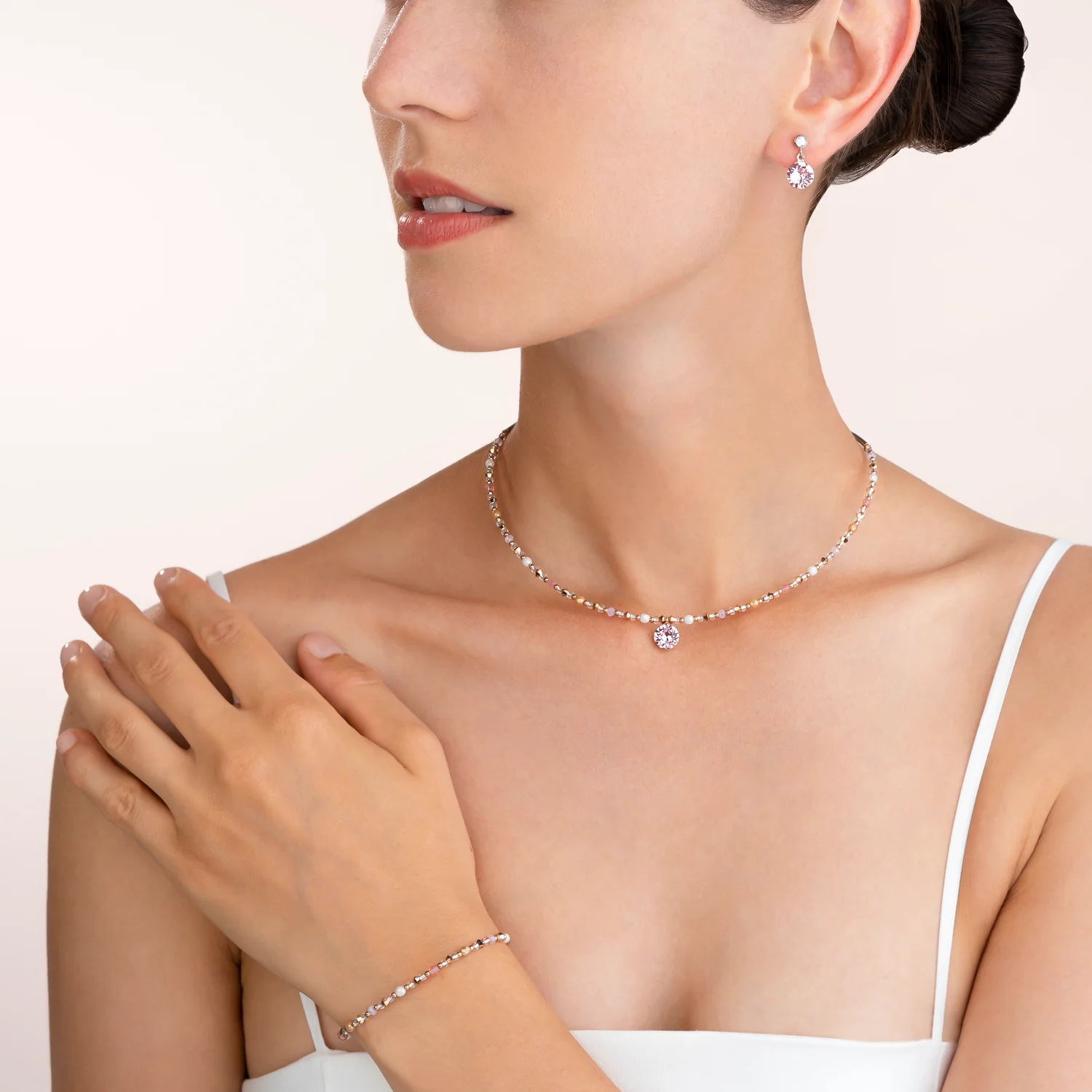 Collier Cristaux & acier inoxydable rose clair - Image 4
