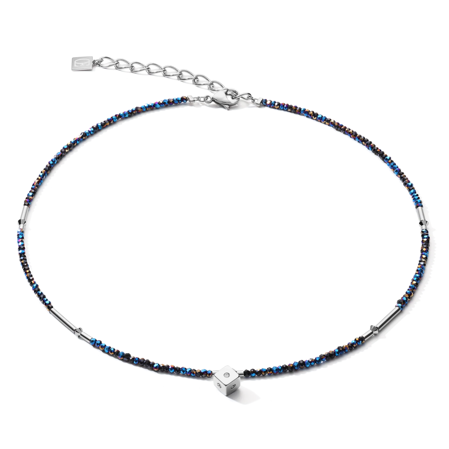 Collier Cube Crystal Dot acier inoxydable et verre de cristal bleu nuit-argenté