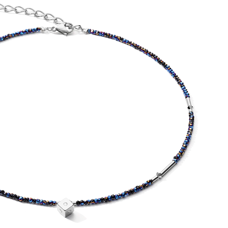 Collier Cube Crystal Dot acier inoxydable et verre de cristal bleu nuit-argenté - Image 2