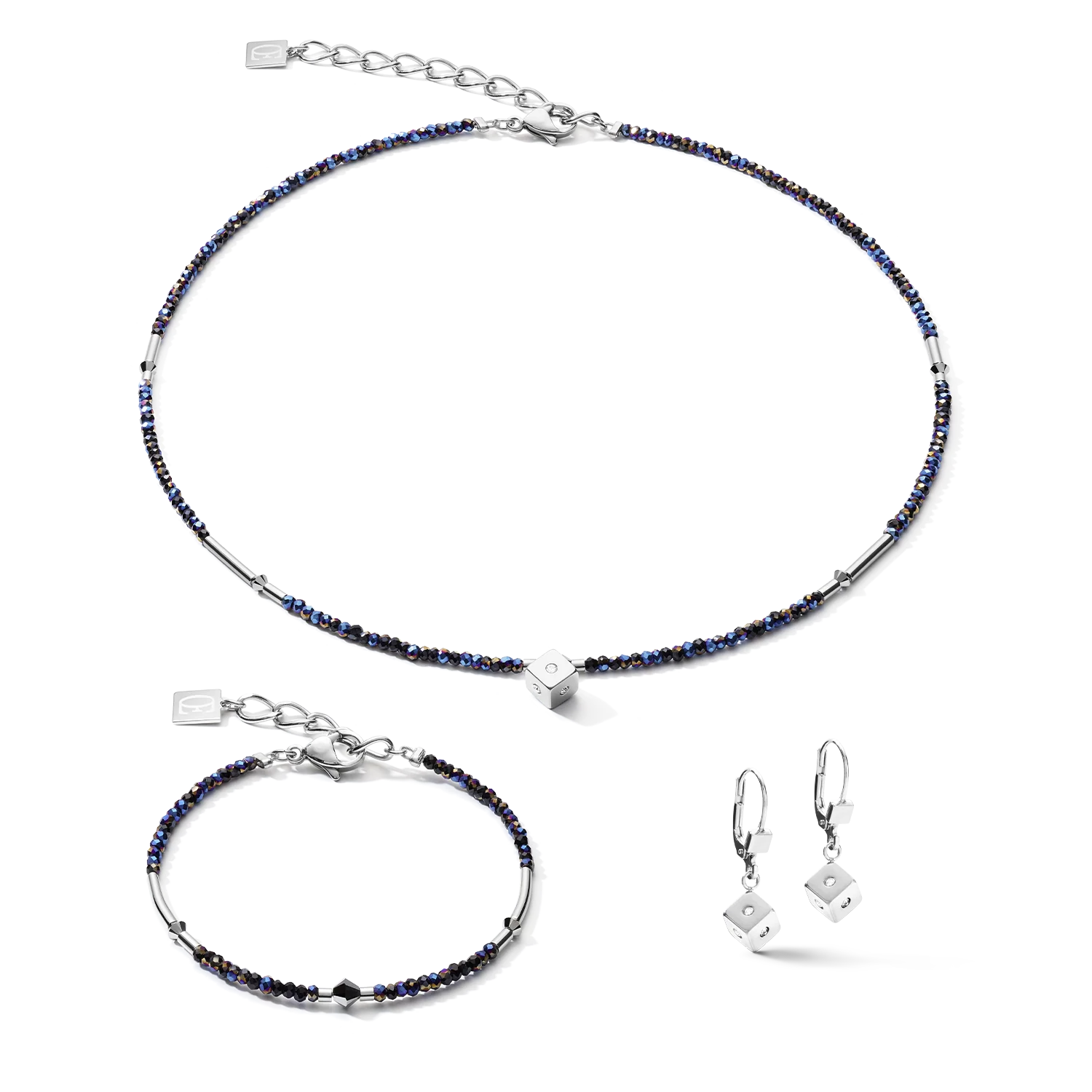 Collier Cube Crystal Dot acier inoxydable et verre de cristal bleu nuit-argenté - Image 3