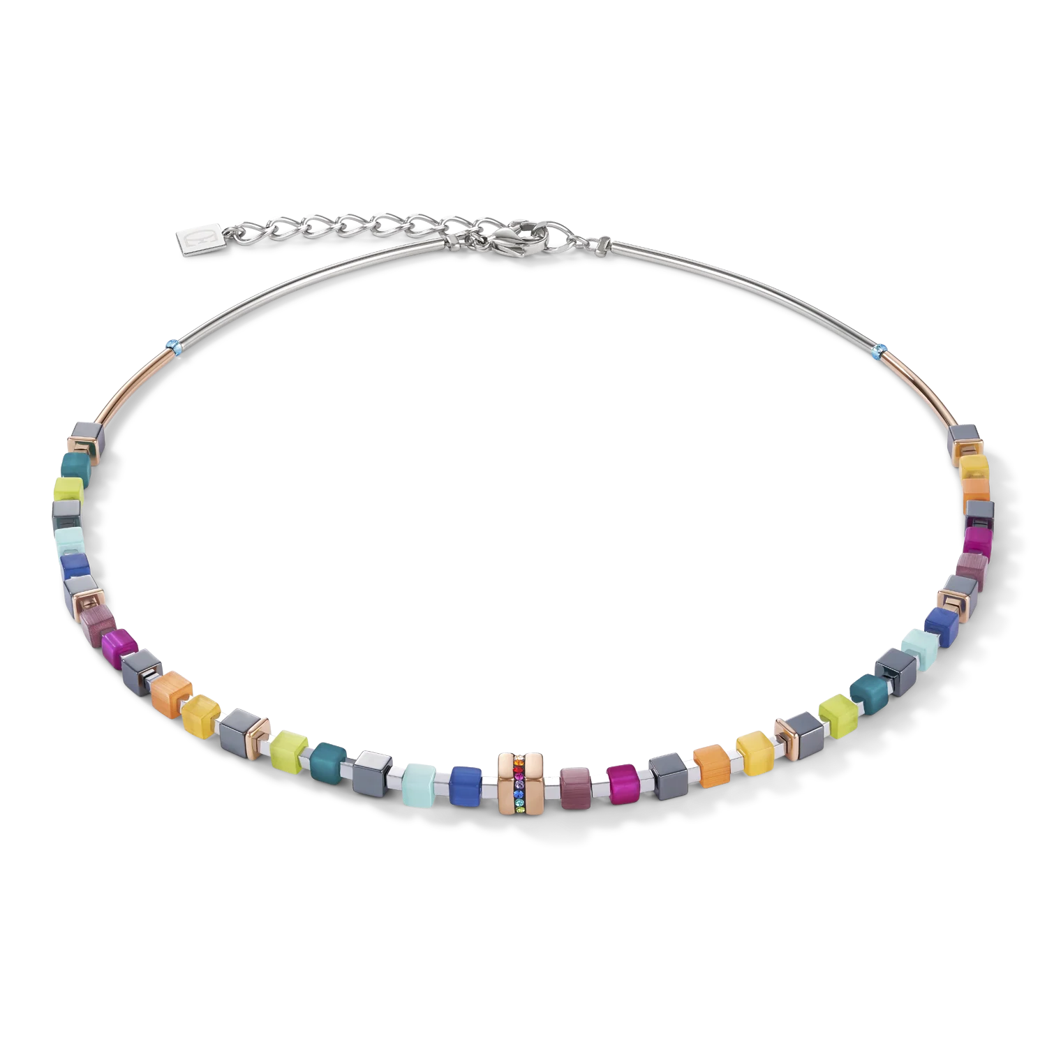 Collier GeoCUBE® Acier inoxydable or rose & cristaux pavé multicolore