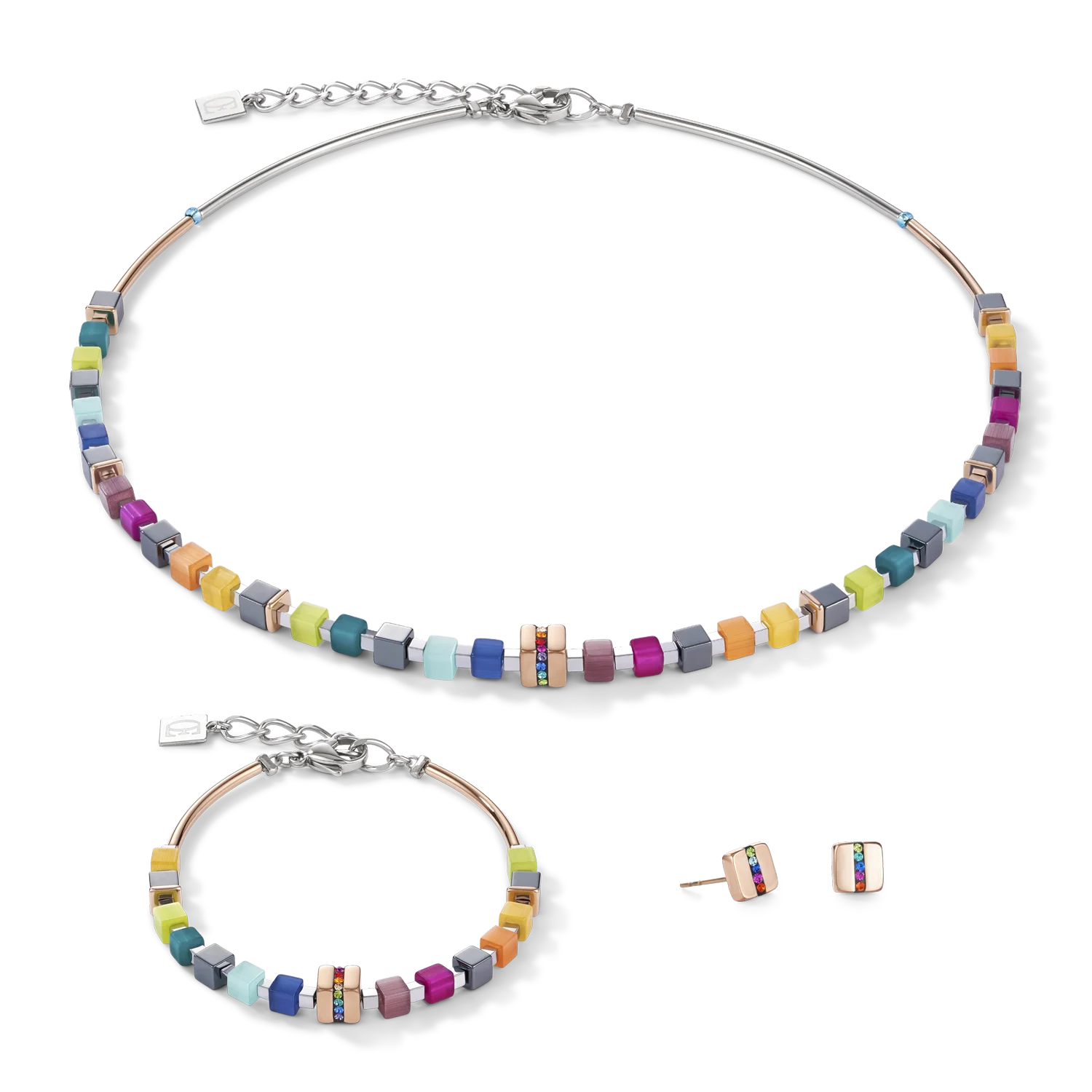 Collier GeoCUBE® Acier inoxydable or rose & cristaux pavé multicolore - Image 3