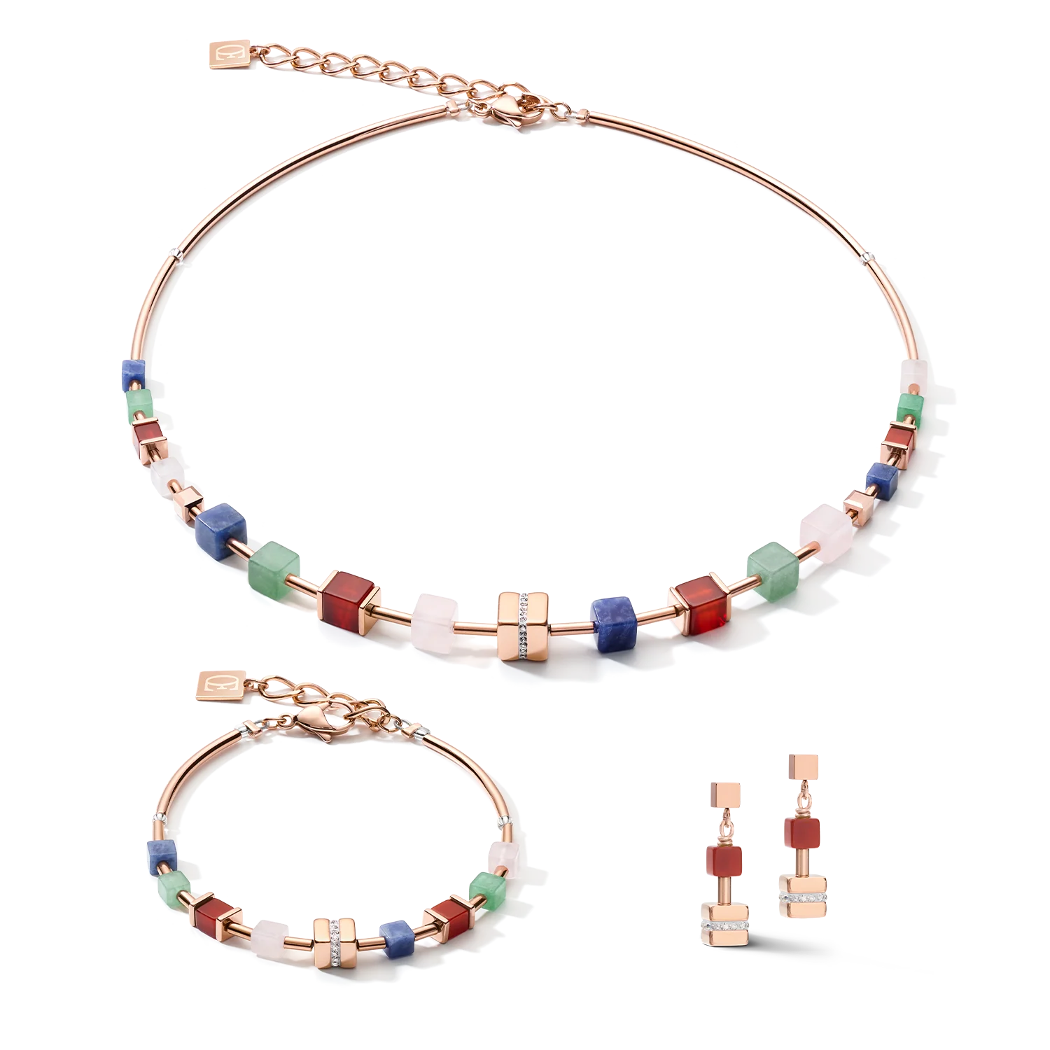 Collier GeoCUBE® big cube pavé de cristaux, pierres précieuses & acier or rose multicolor gemstone - Image 3