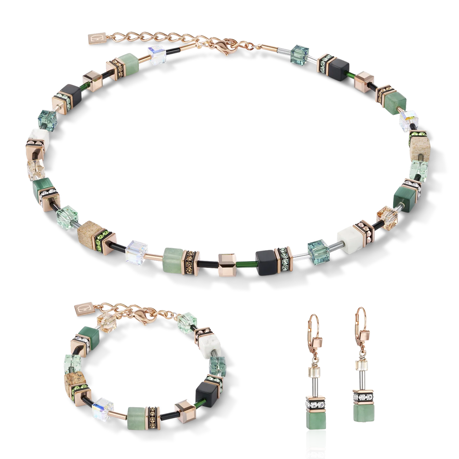 Collier GeoCUBE® Cristaux & pierres précieuses vert-beige - Image 3