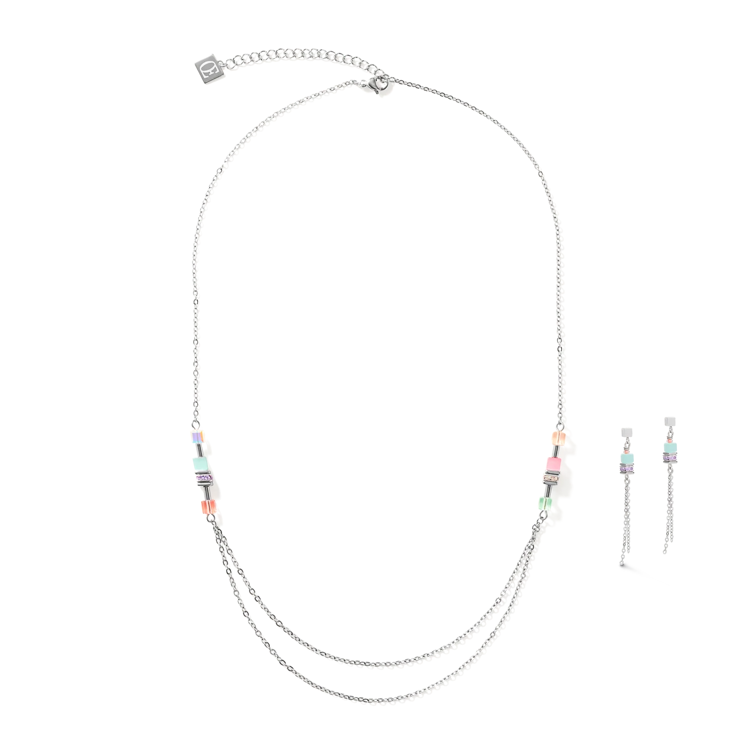 Collier GeoCUBE® double chain long acier argent multicolore-pastel - Image 3