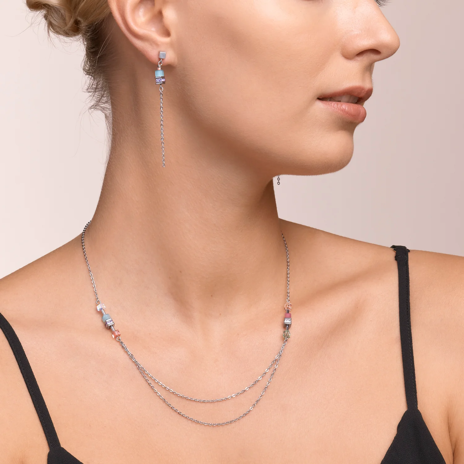 Collier GeoCUBE® double chain long acier argent multicolore-pastel - Image 5