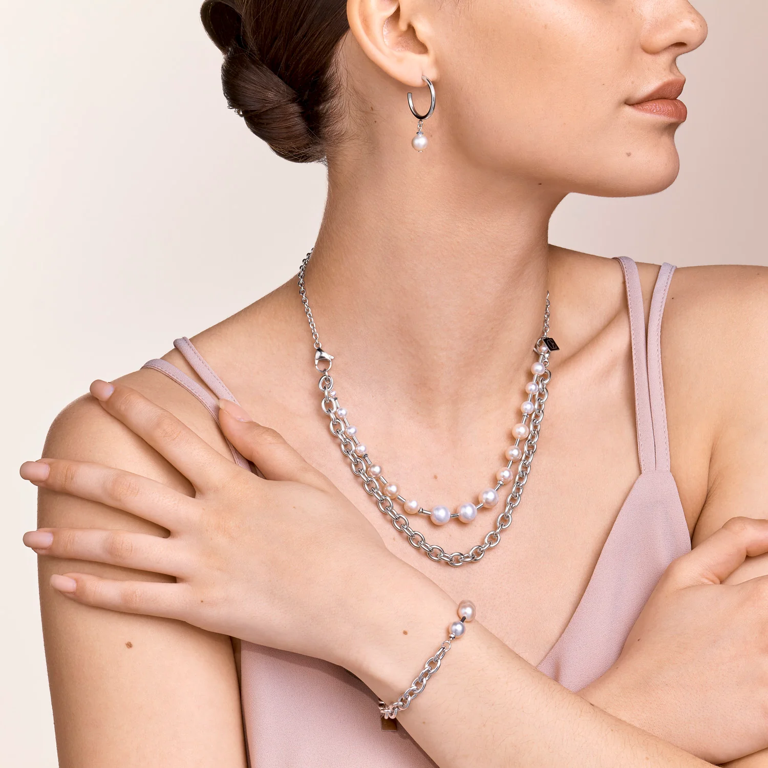 Collier Perles d'eau douce & chunky chain 4-in-1 blanc-argenté - Image 4