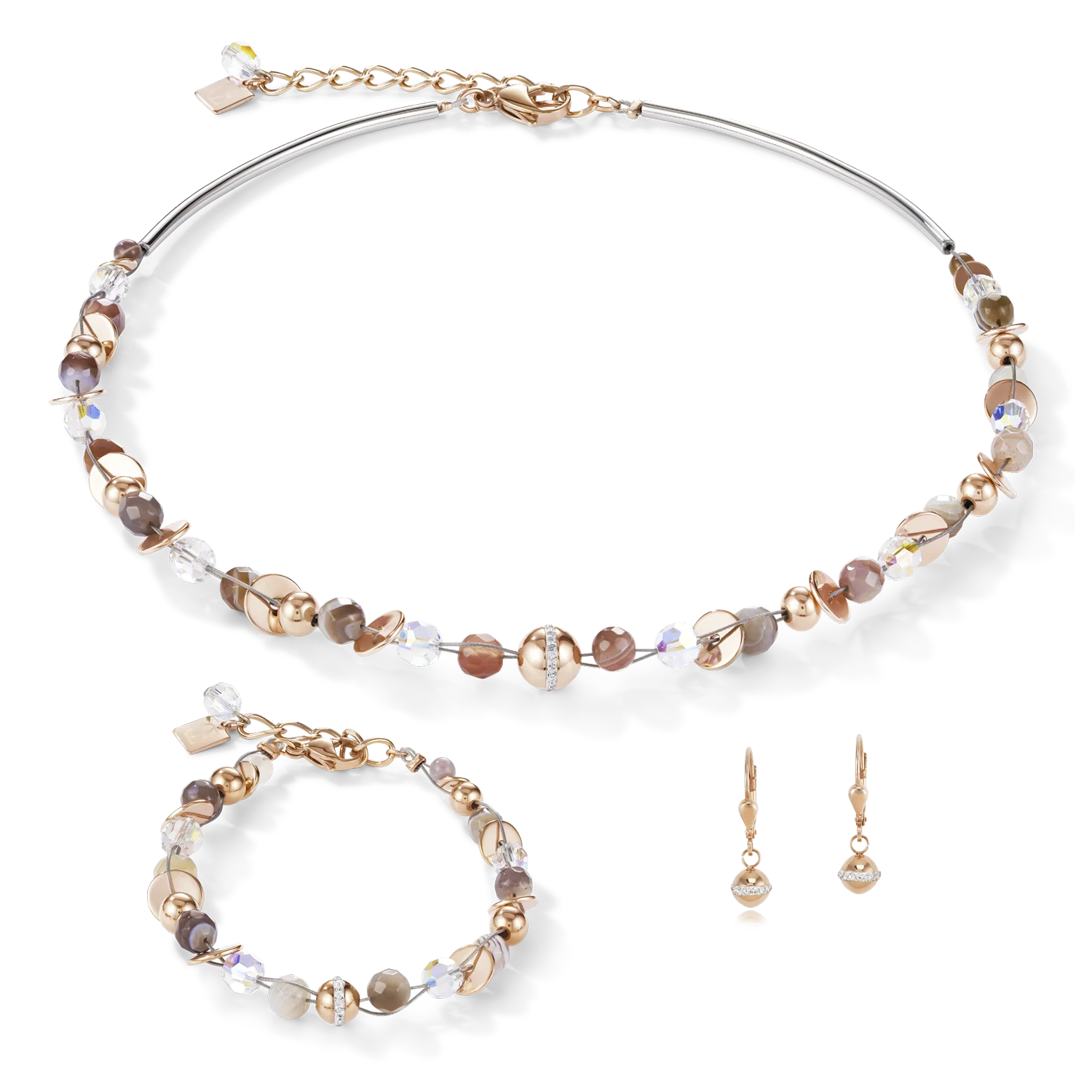 Collier TwistedPEARLS Agate du Botswana & acier inoxydable or rose beige-gris - Image 3