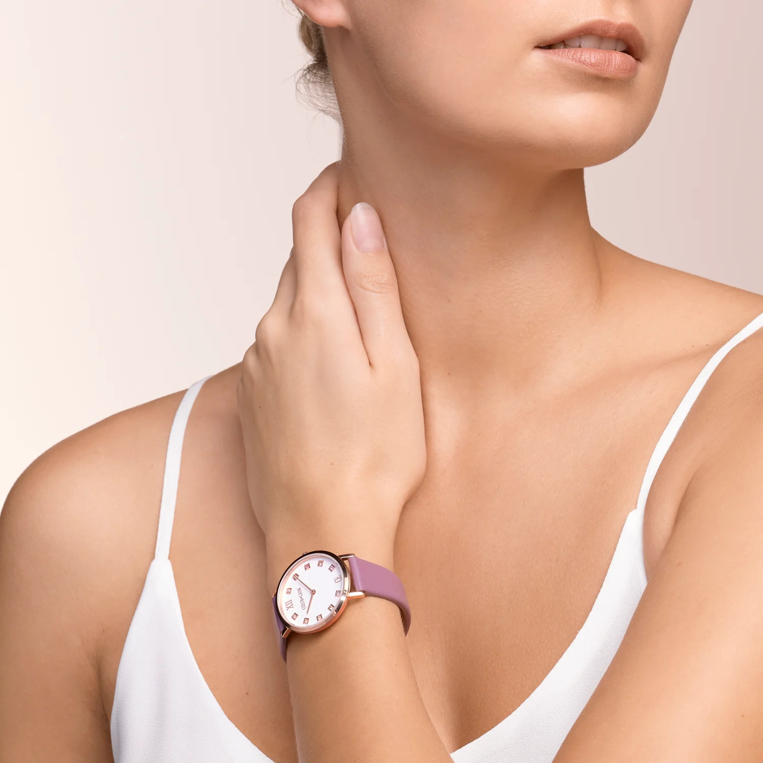 Montre ronde Brilliant White Bracelet Cuir Mauve - Image 7