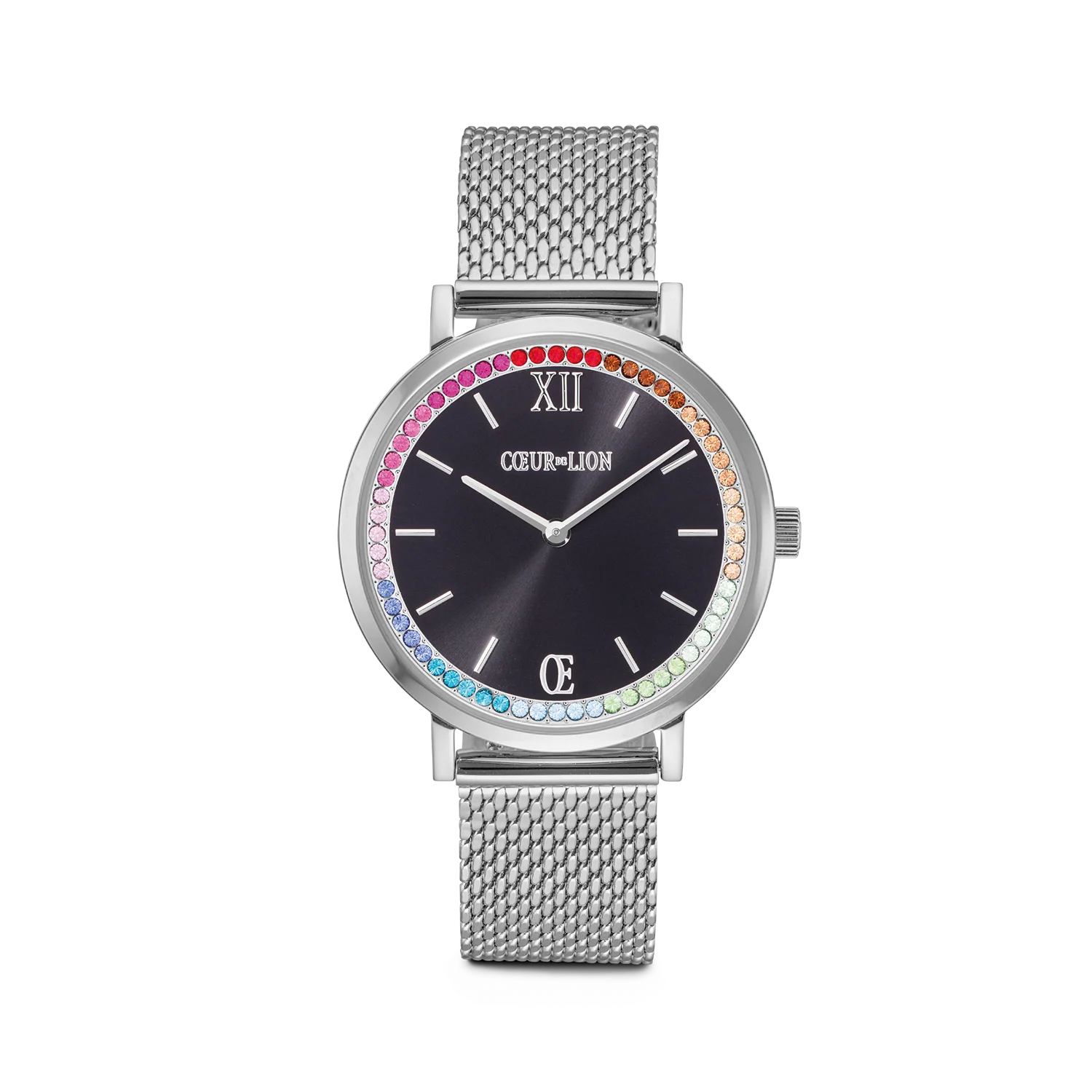 Montre Ronde Sparkling Rainbow Sunray Black Milanaise argent