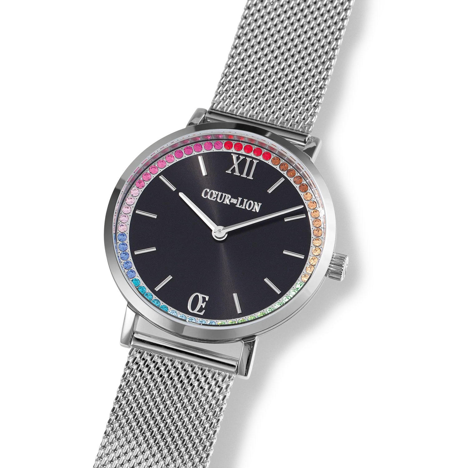 Montre Ronde Sparkling Rainbow Sunray Black Milanaise argent - Image 2