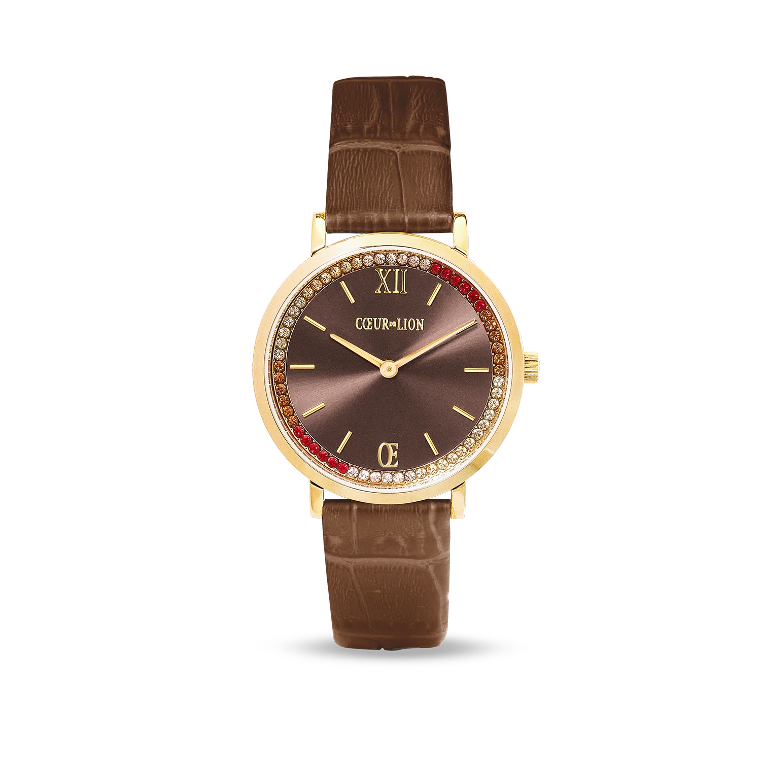 Montre ronde Sparkling Sunray et bracelet en cuir marron or