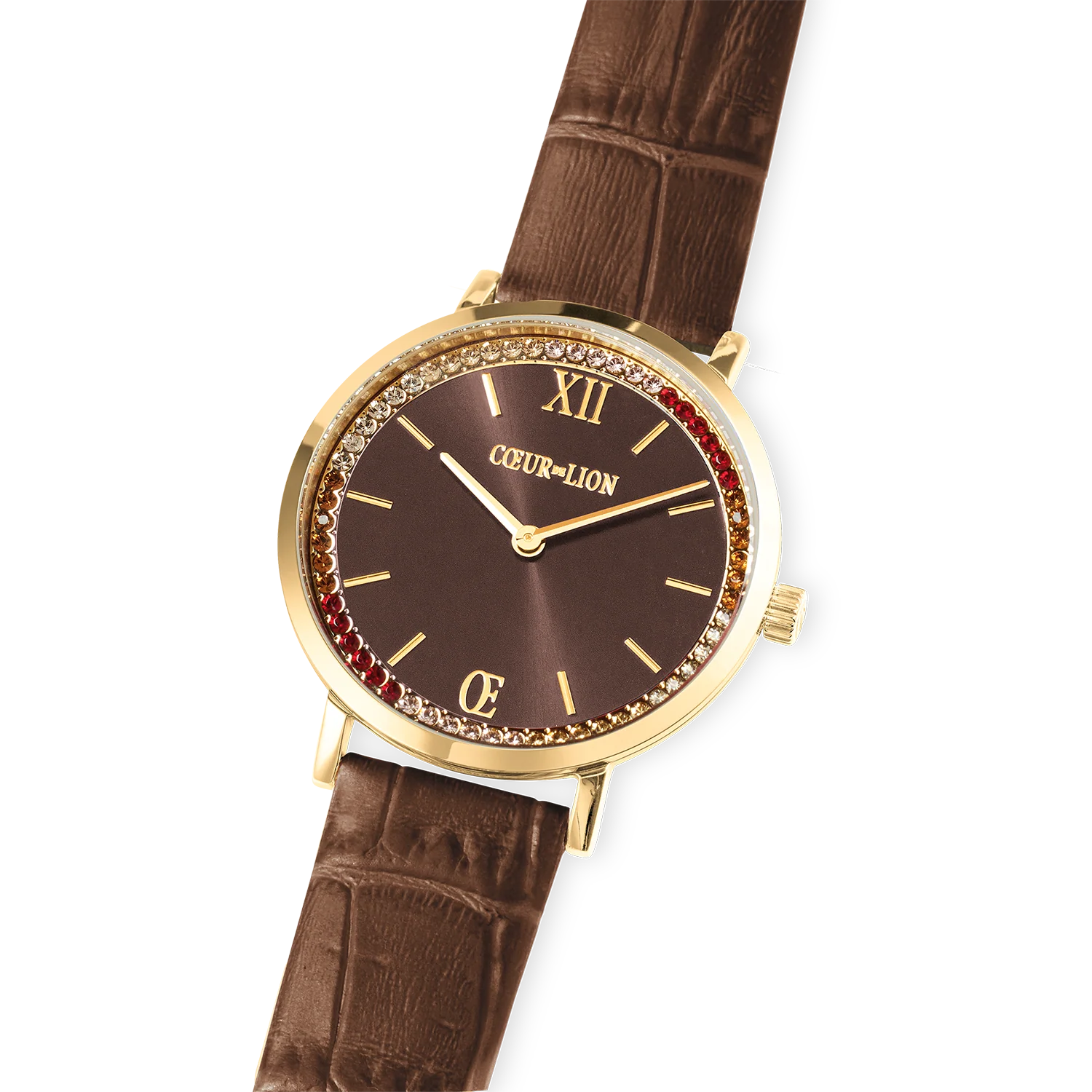 Montre ronde Sparkling Sunray et bracelet en cuir marron or - Image 2