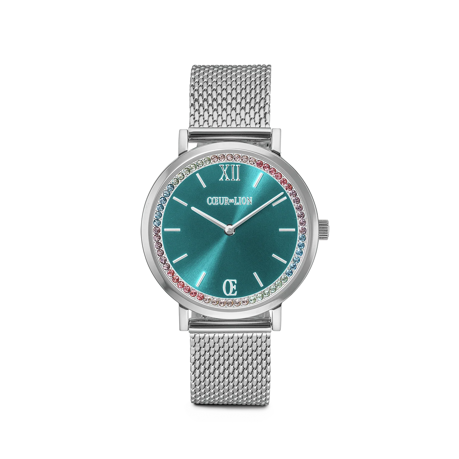 Montre ronde Sparkling Sunray Transformative Teal Milanaise argent