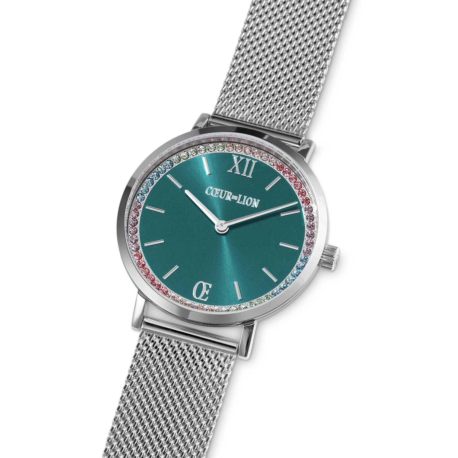Montre ronde Sparkling Sunray Transformative Teal Milanaise argent - Image 2